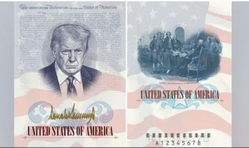 Paszport z wizerunkiem i złotym podpisem Trumpa